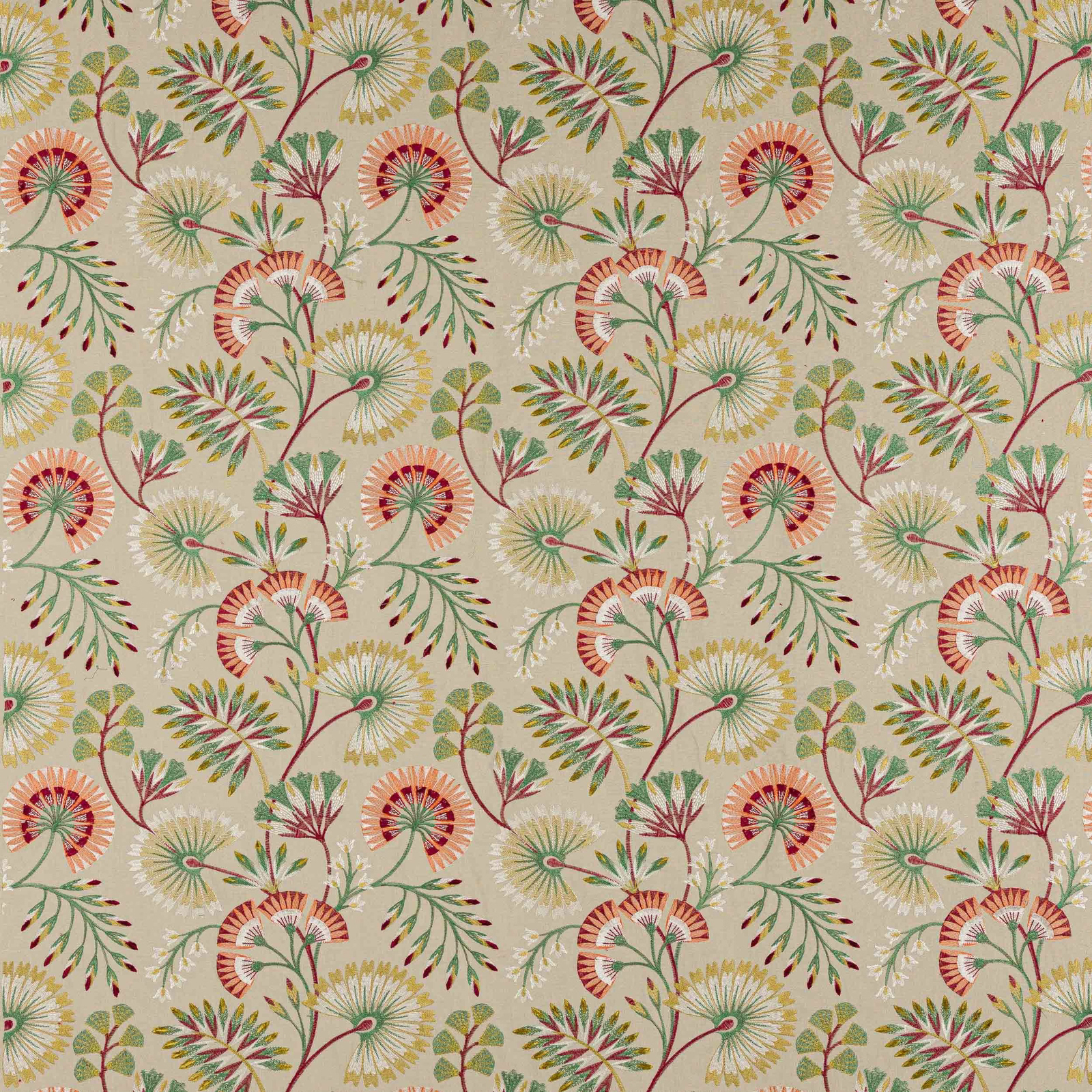 Cream floral fabric with red and green fan-shaped blooms and leaf sprigs