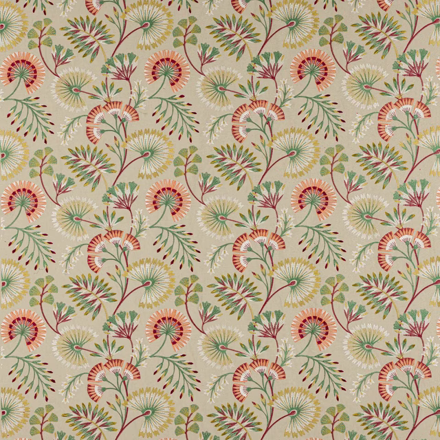 Cream floral fabric with red and green fan-shaped blooms and leaf sprigs