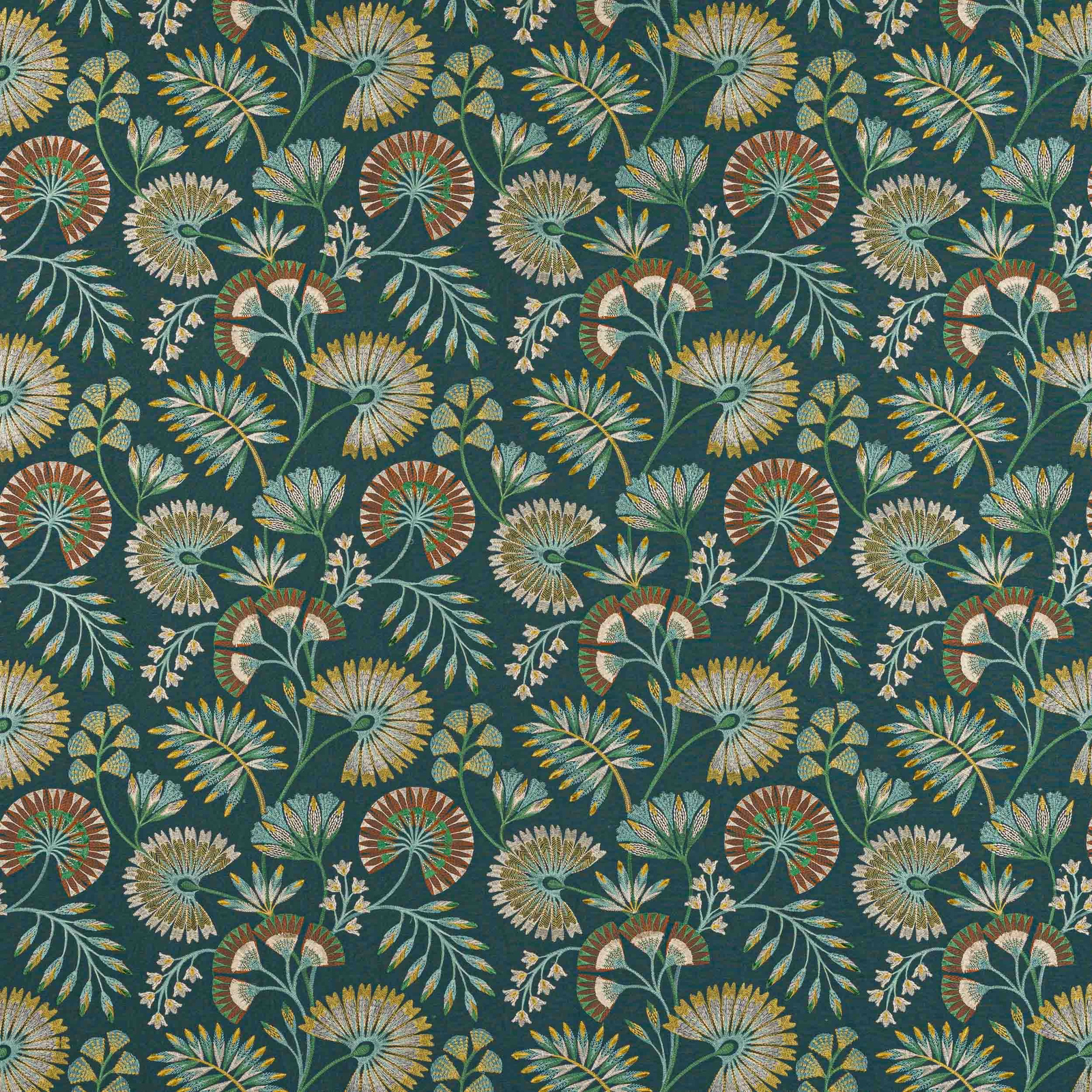Teal botanical patterned fabric with fan motifs and leafy sprigs in muted cream, sage and rust