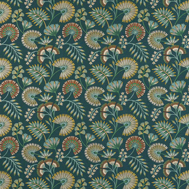 Teal botanical patterned fabric with fan motifs and leafy sprigs in muted cream, sage and rust