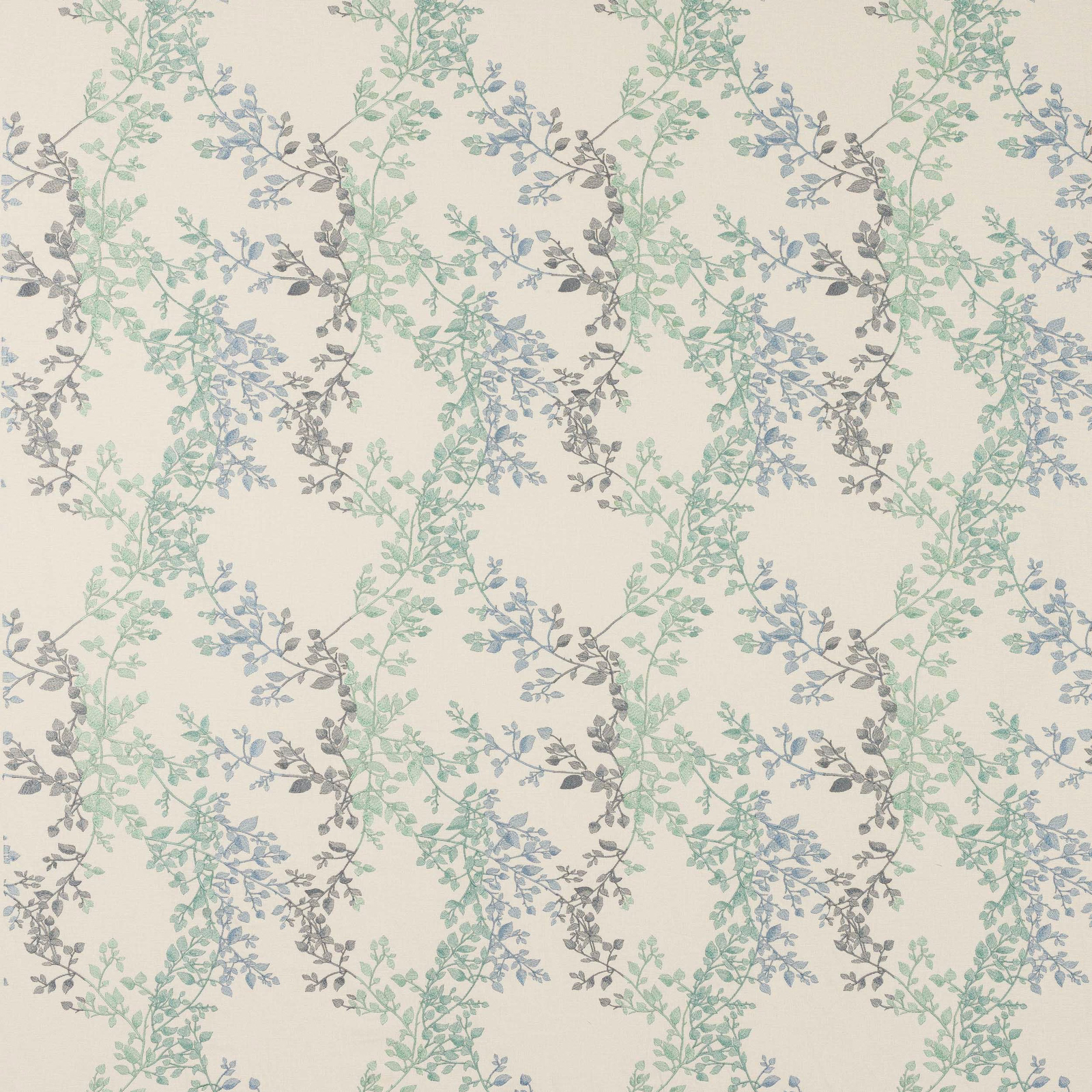 Pale cream fabric with trailing vine leaves in aqua, blue and grey