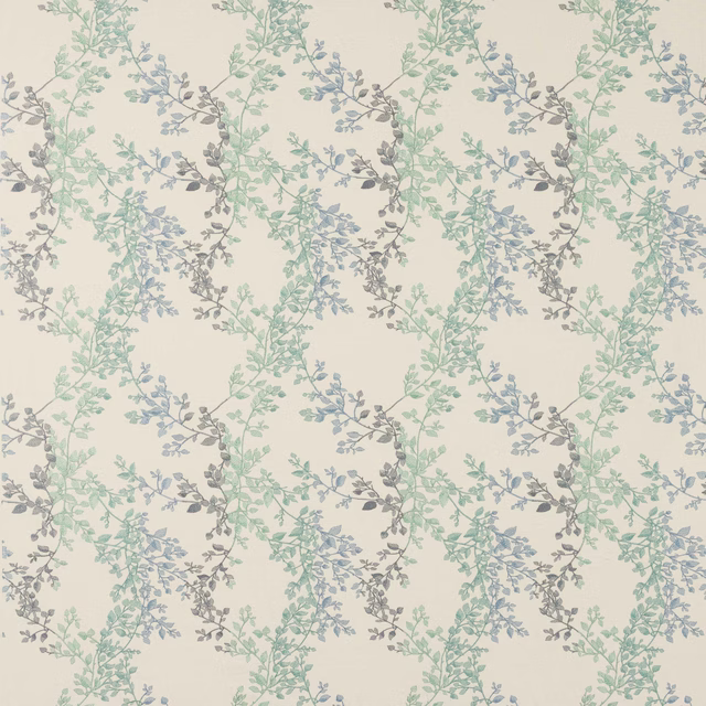 Pale cream fabric with trailing vine leaves in aqua, blue and grey