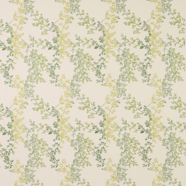 Soft sage and yellow-green trailing leaf fabric on a warm ivory ground