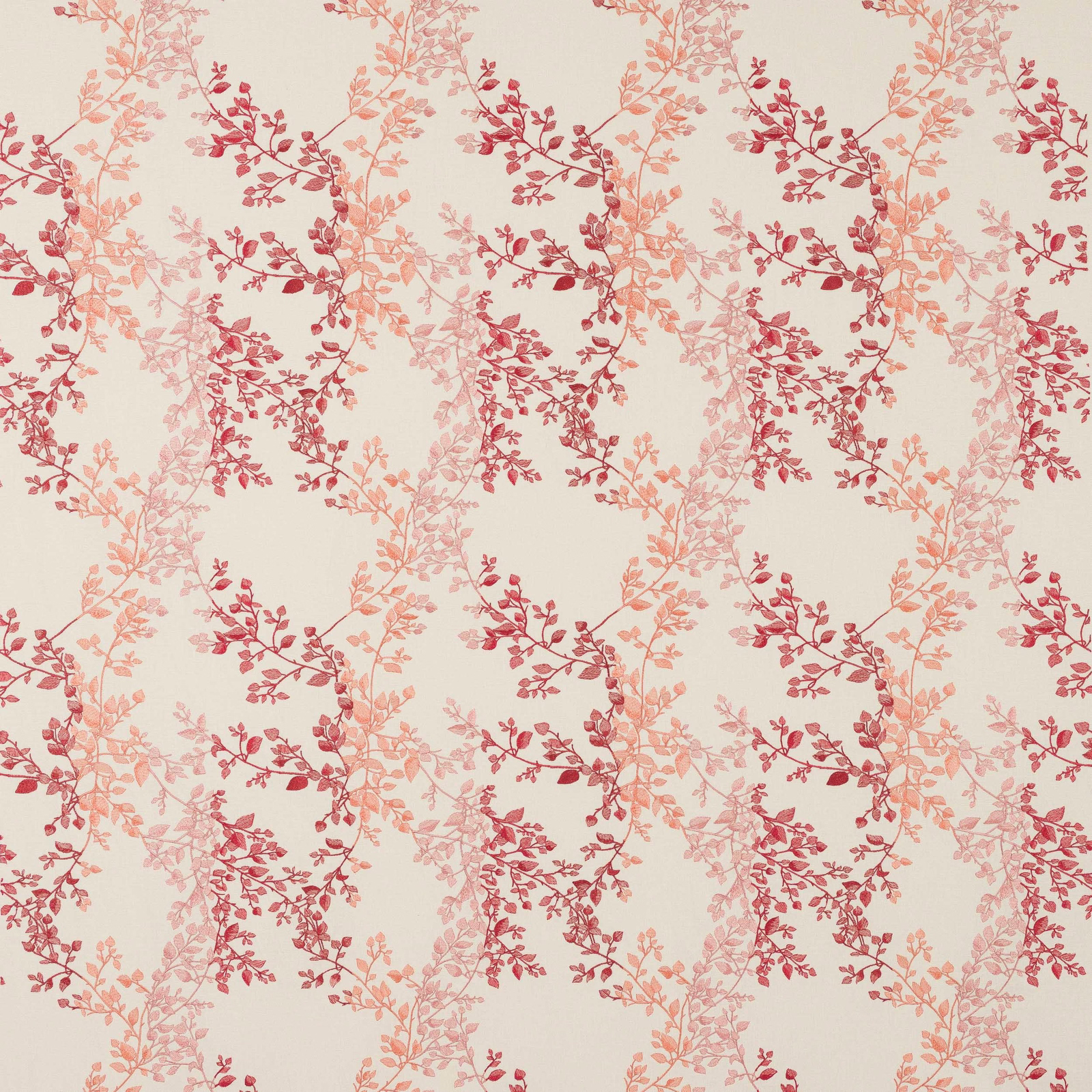 Pink and peach trailing leaf motif on a pale ivory woven fabric swatch