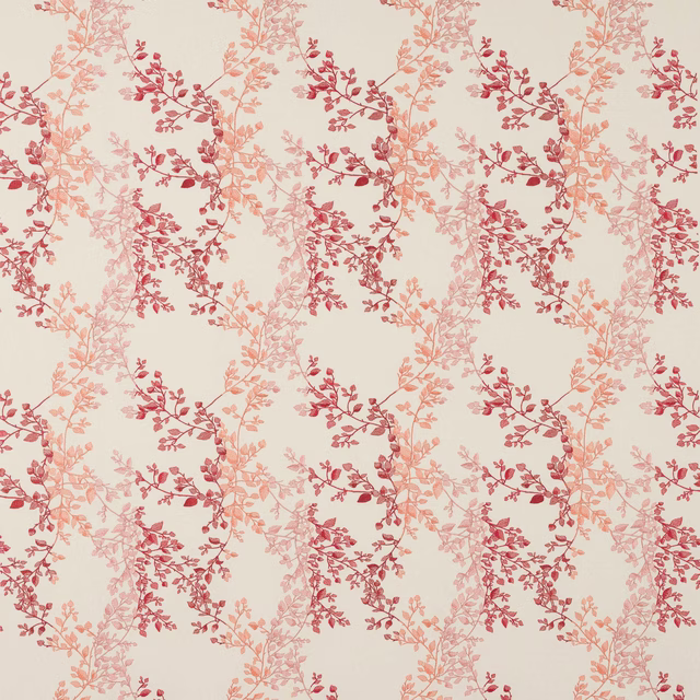 Pink and peach trailing leaf motif on a pale ivory woven fabric swatch