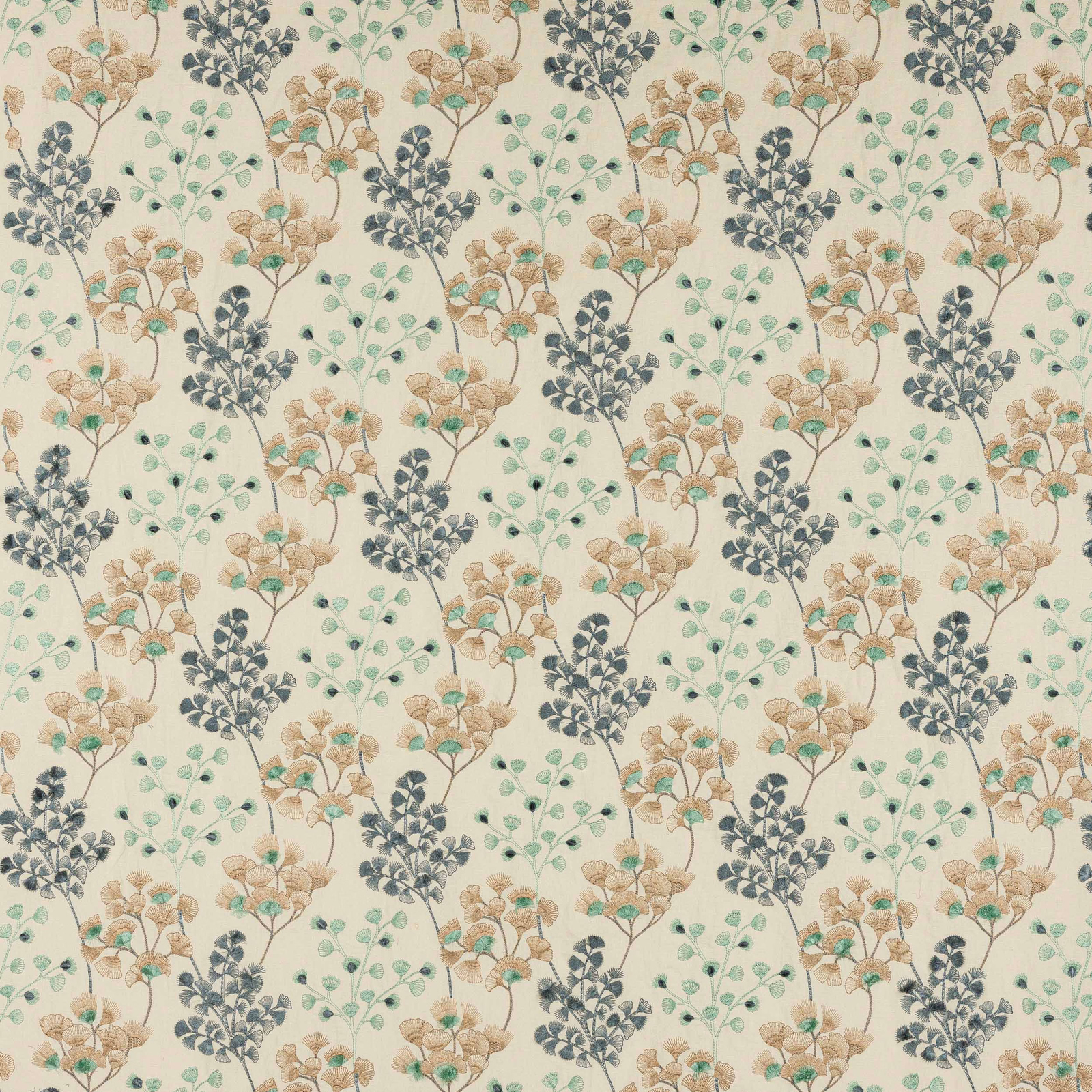 Botanical fabric swatch with soft blue, teal and tan floral stems on a pale ground