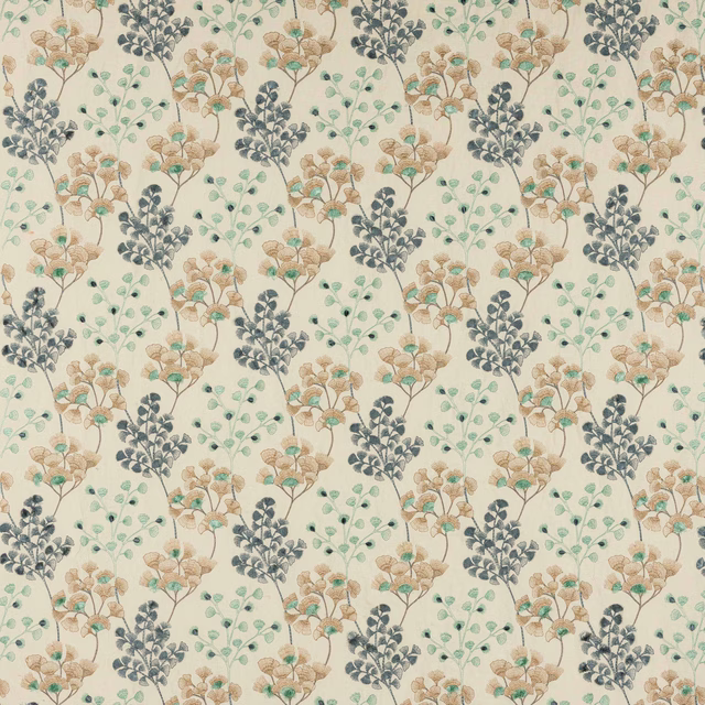 Botanical fabric swatch with soft blue, teal and tan floral stems on a pale ground