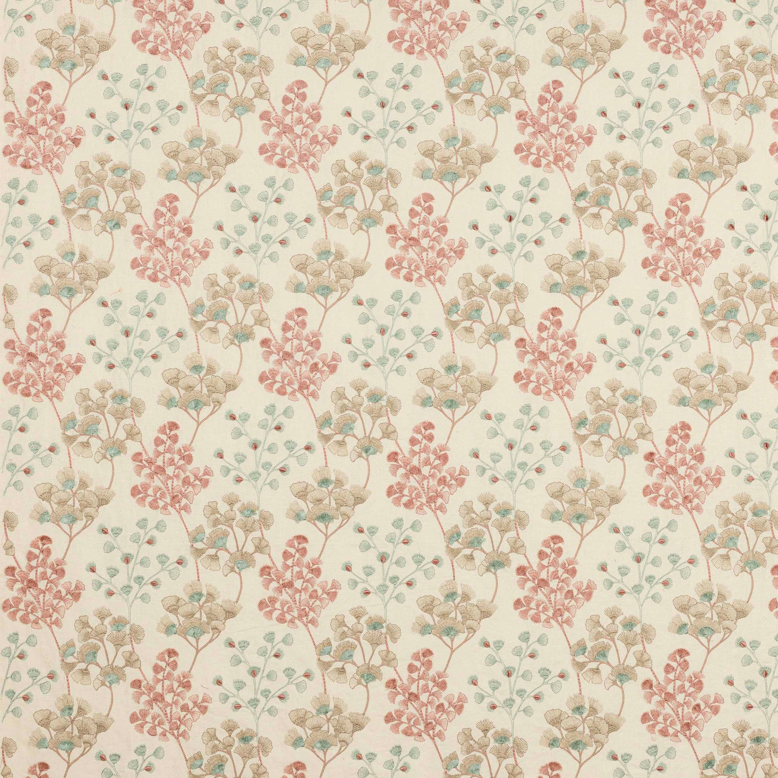 Cream botanical fabric with blush pink and aqua floral sprigs