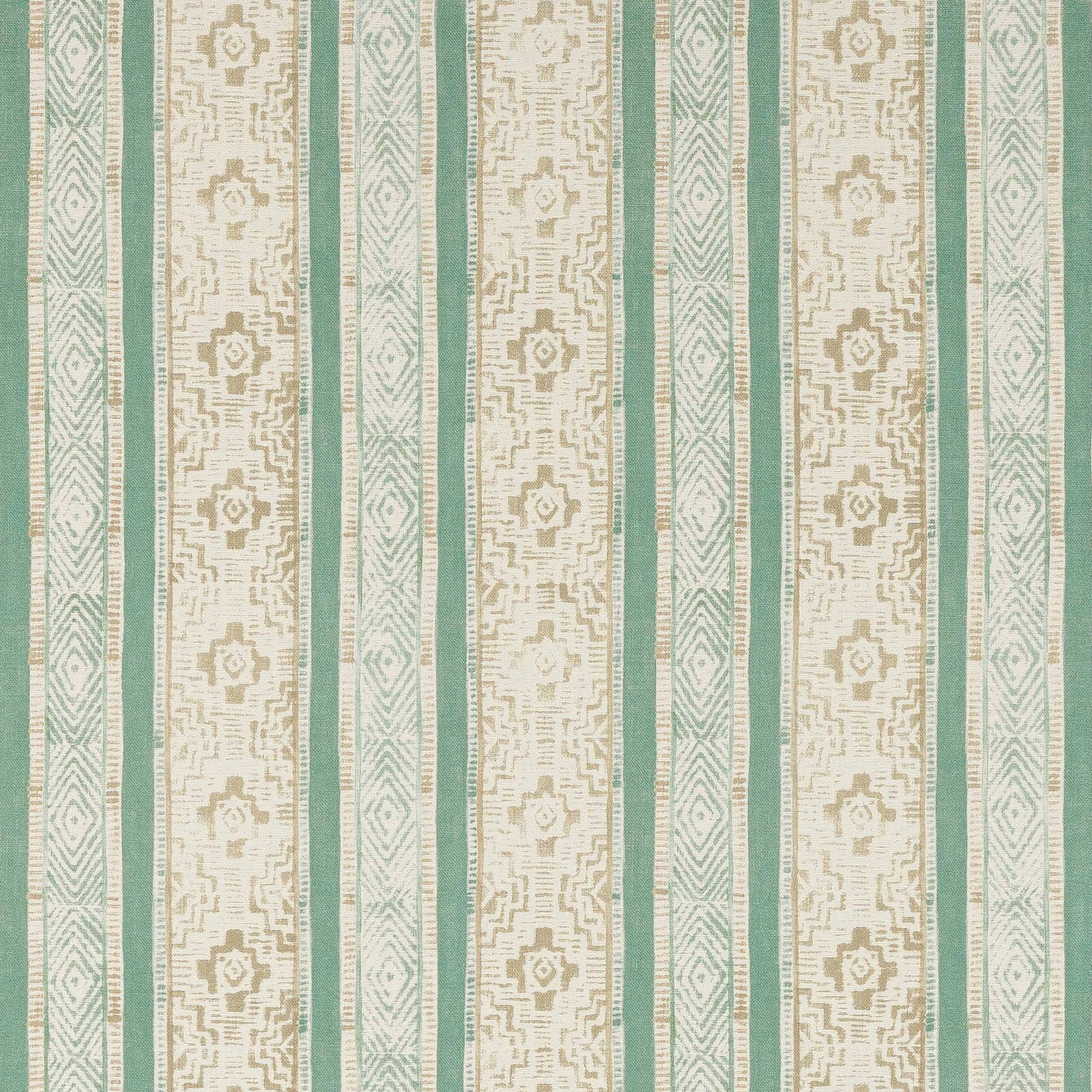 Vertical aqua and cream striped fabric with small geometric motifs and textured weave