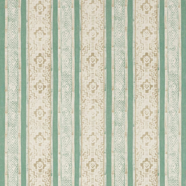 Vertical aqua and cream striped fabric with small geometric motifs and textured weave