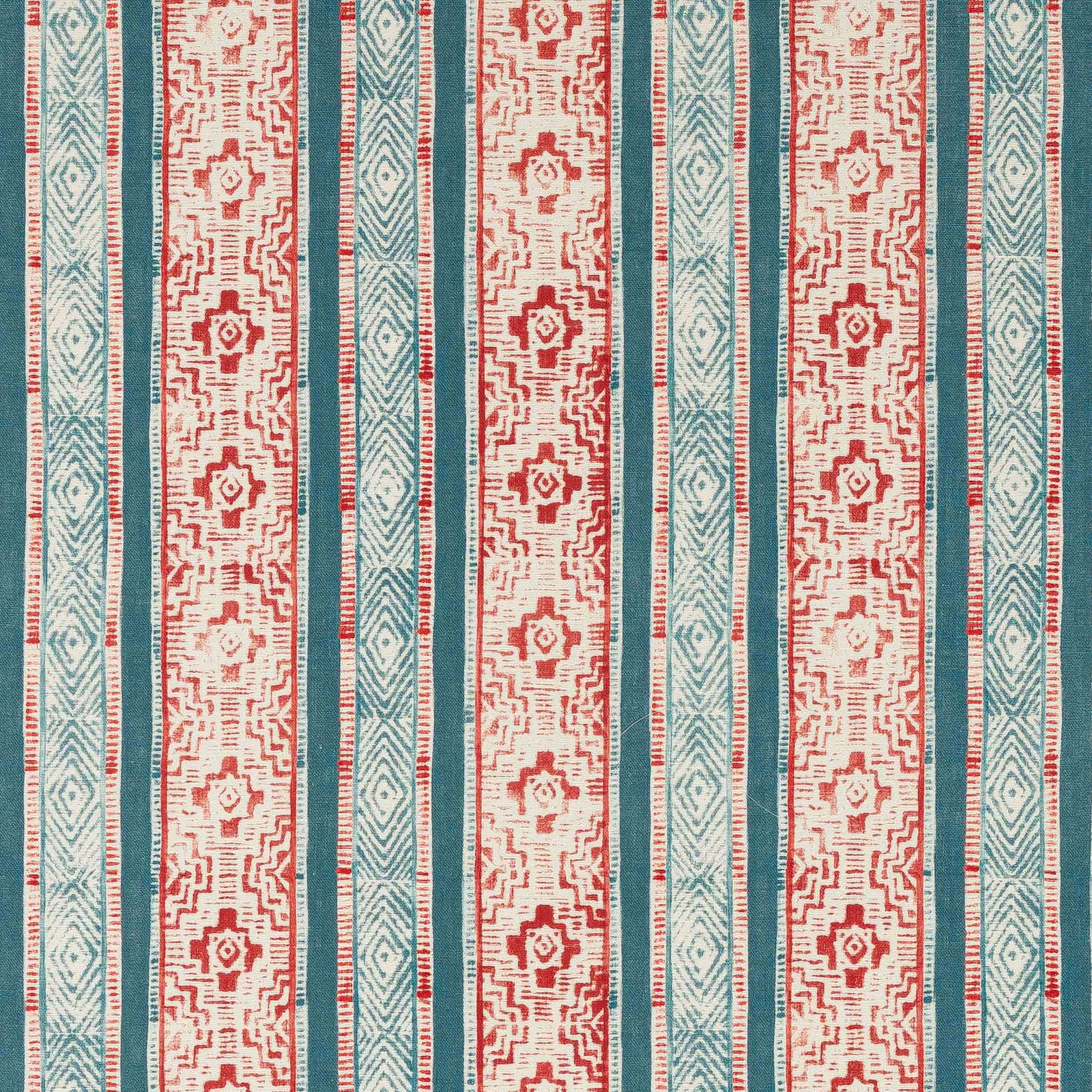 Striped woven fabric with cream ground, teal blue bands and red geometric motifs