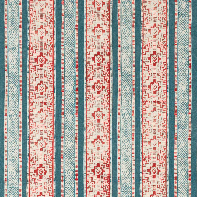 Striped woven fabric with cream ground, teal blue bands and red geometric motifs