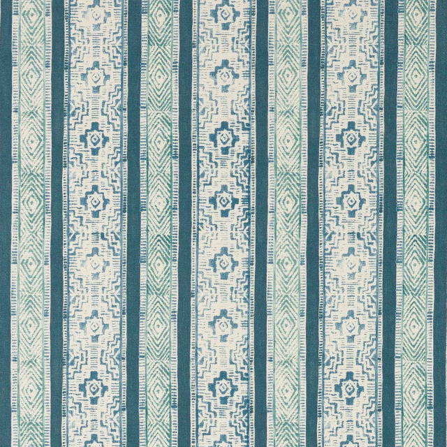 Vertical indigo and pale aqua geometric stripe fabric with weathered texture