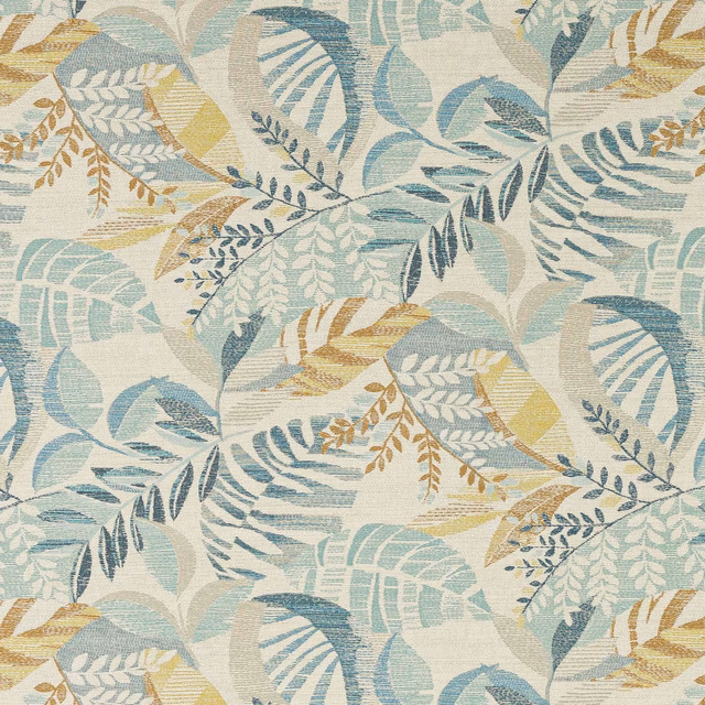 Aqua and cream botanical woven fabric with mustard leaf accents