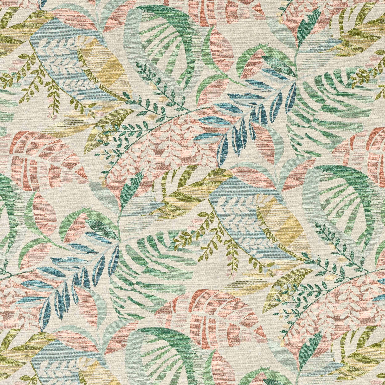 Large botanical leaf print in soft green, blush, blue and cream on linen-look fabric