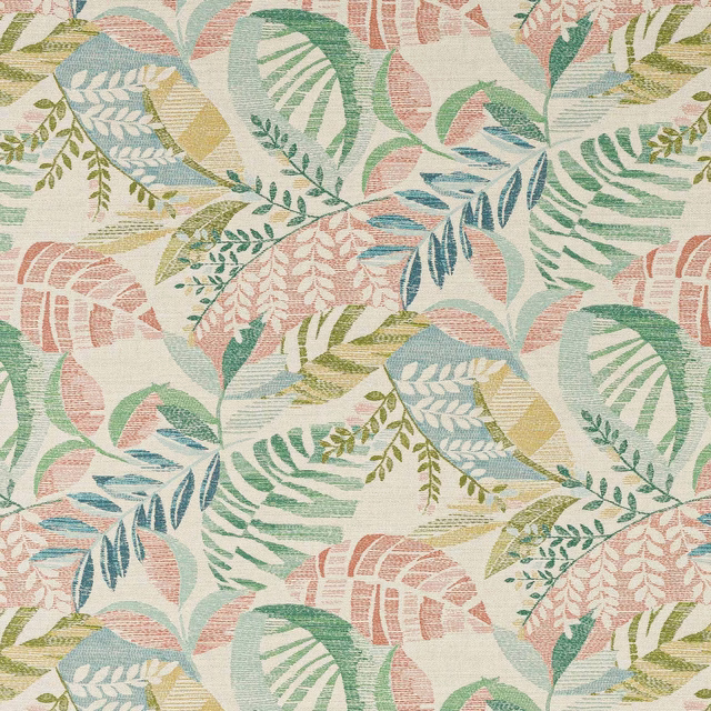 Large botanical leaf print in soft green, blush, blue and cream on linen-look fabric