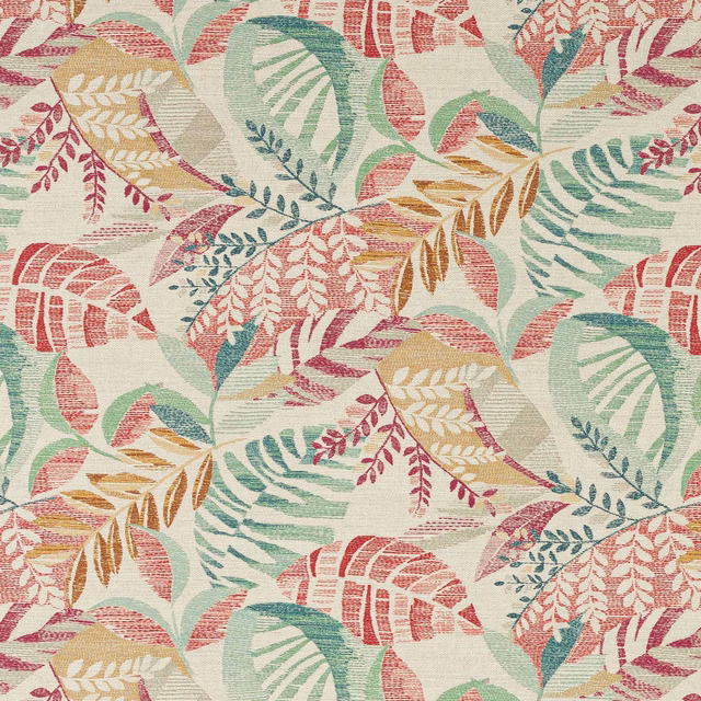 Coral-red and teal botanical leaf fabric on a light ground