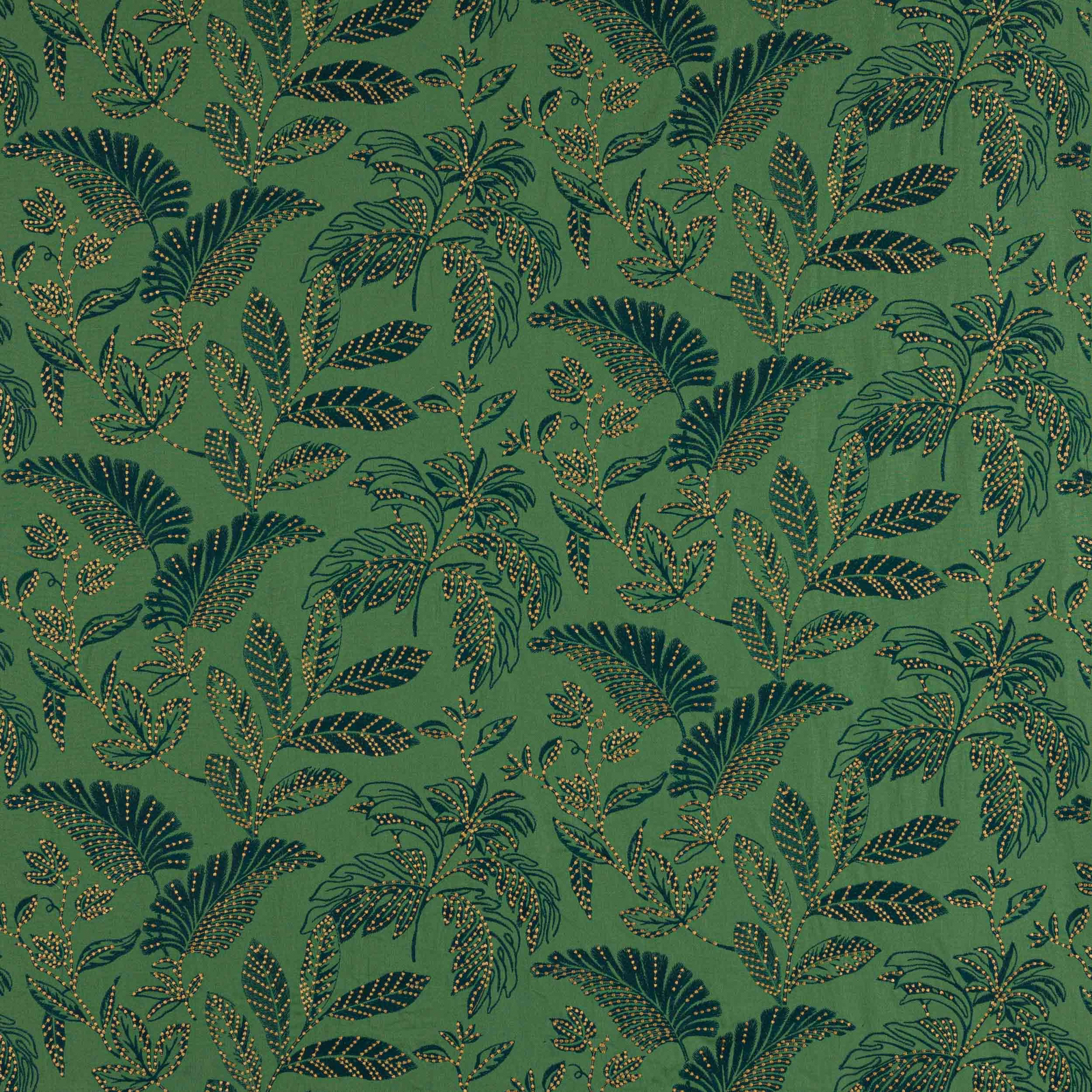 Green botanical fabric swatch with layered leafy motif in dark teal and black