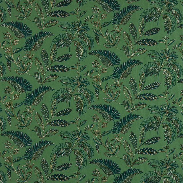 Green botanical fabric swatch with layered leafy motif in dark teal and black