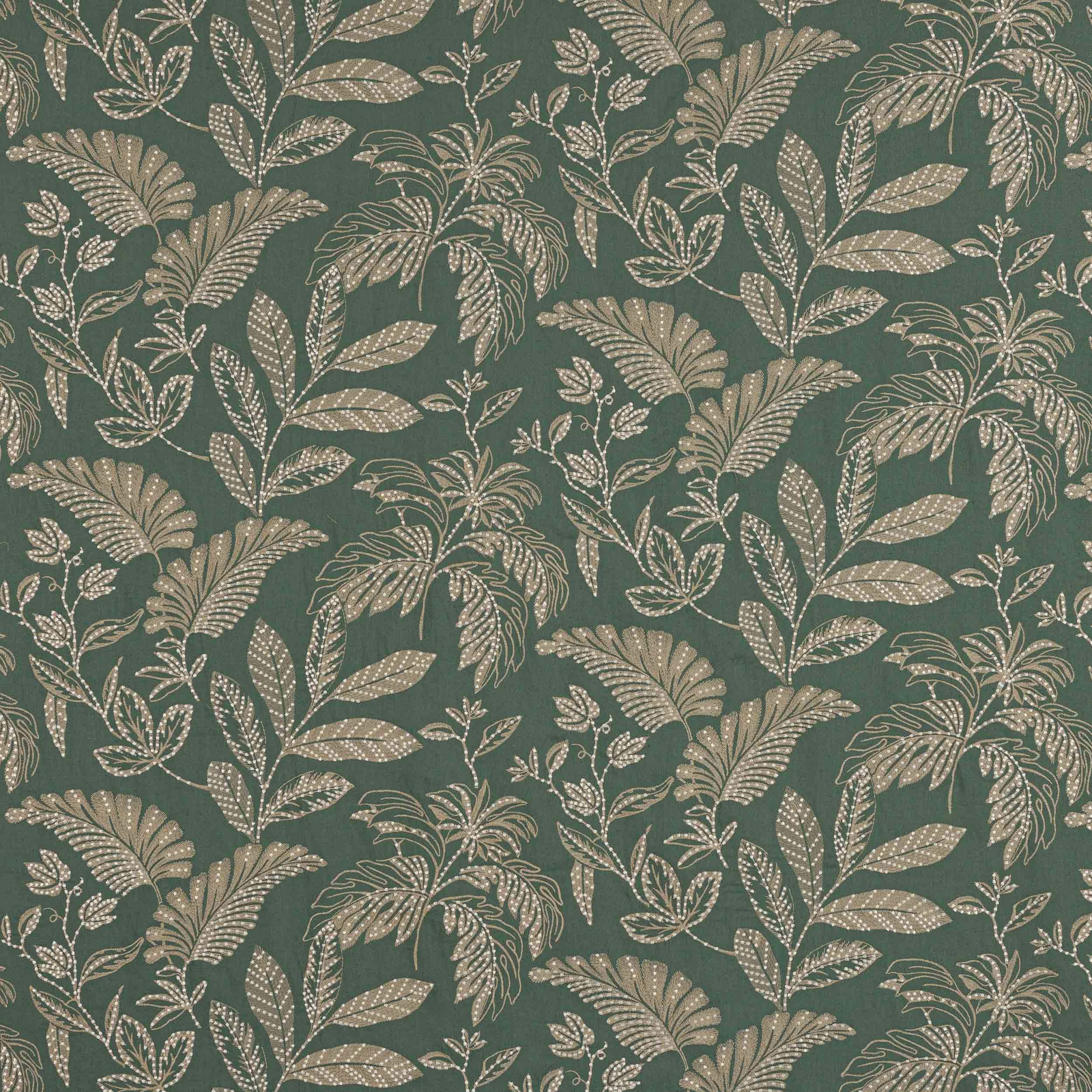 Deep teal botanical fabric with pale leaf motif and textured woven ground