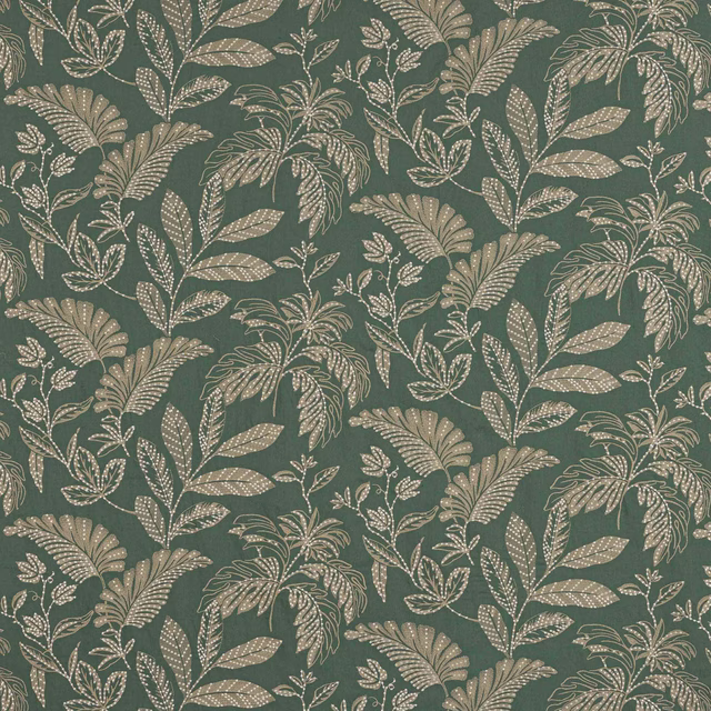 Deep teal botanical fabric with pale leaf motif and textured woven ground