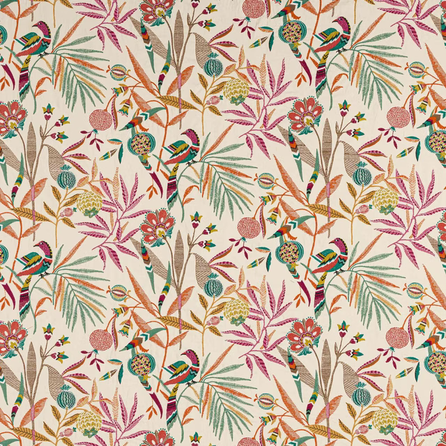 Cream fabric swatch with colorful birds, pomegranates and leafy botanical print