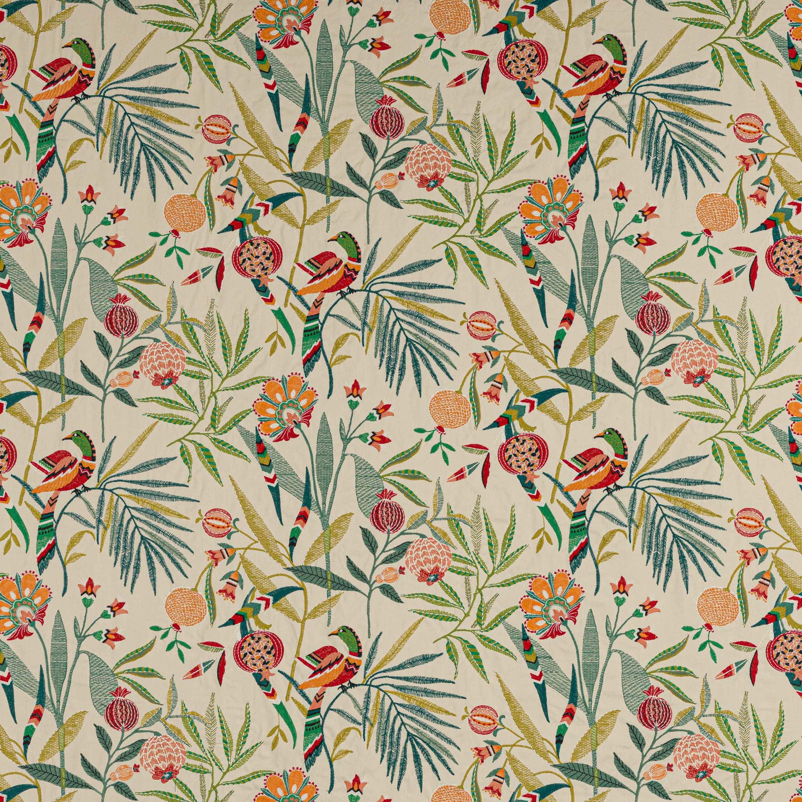 Botanical fabric swatch with birds, pomegranates and leafy branches in red and green