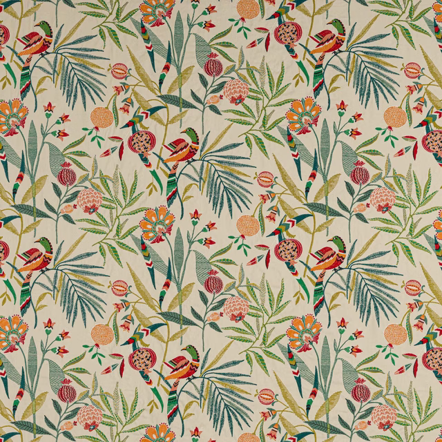 Botanical fabric swatch with birds, pomegranates and leafy branches in red and green