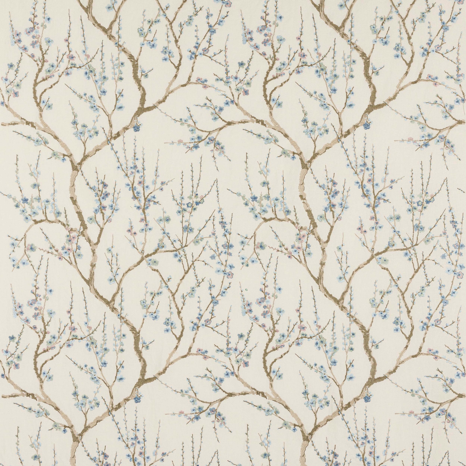 Cream fabric with branching botanical pattern in soft blue and taupe