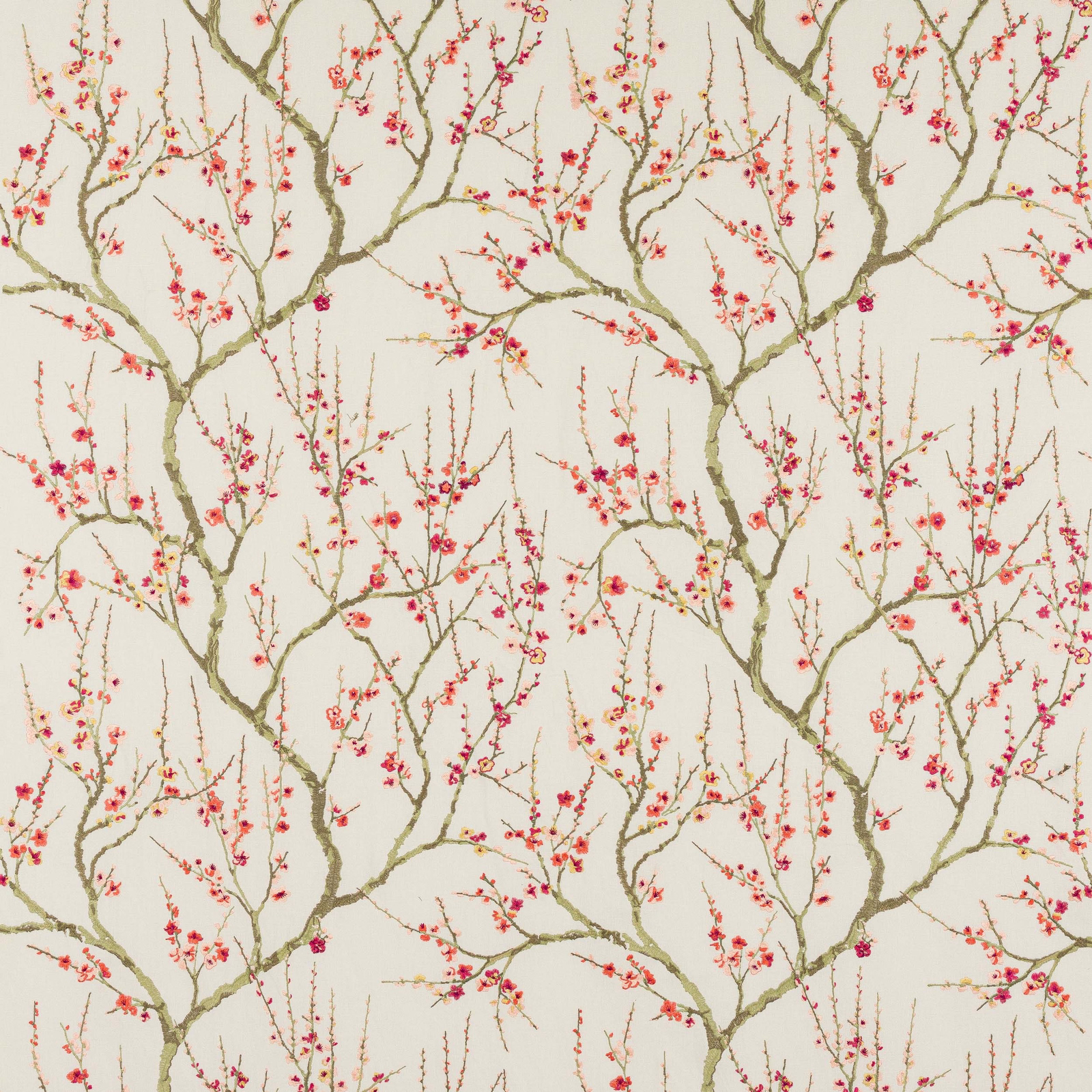 Branching botanical fabric with pink blossom sprigs on an ivory ground