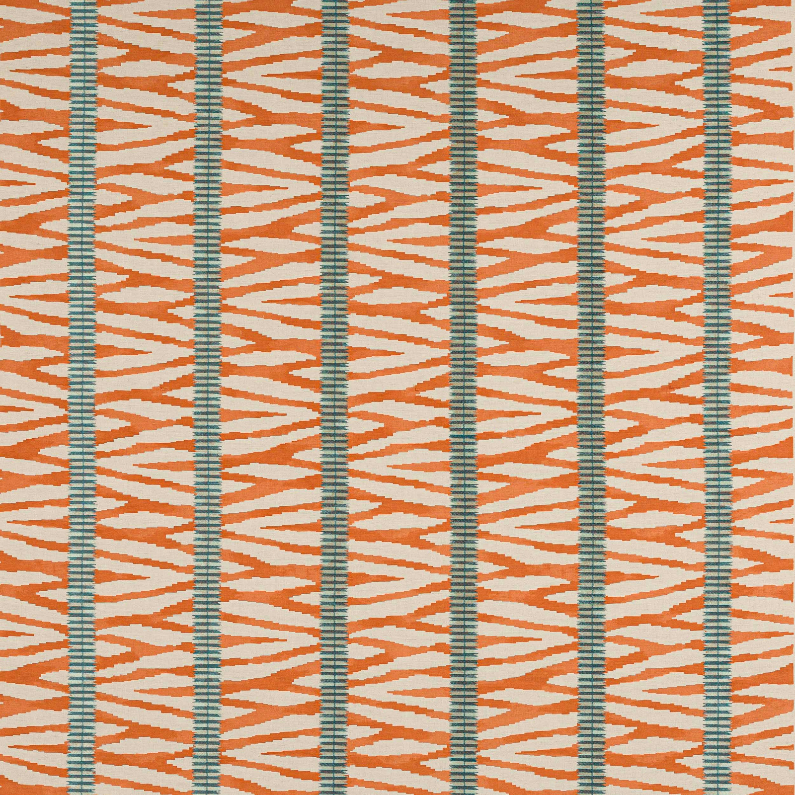 Burnt orange zigzag striped fabric with teal vertical bands on a pale ground