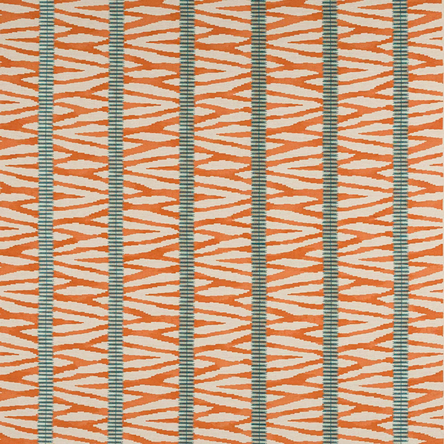 Burnt orange zigzag striped fabric with teal vertical bands on a pale ground