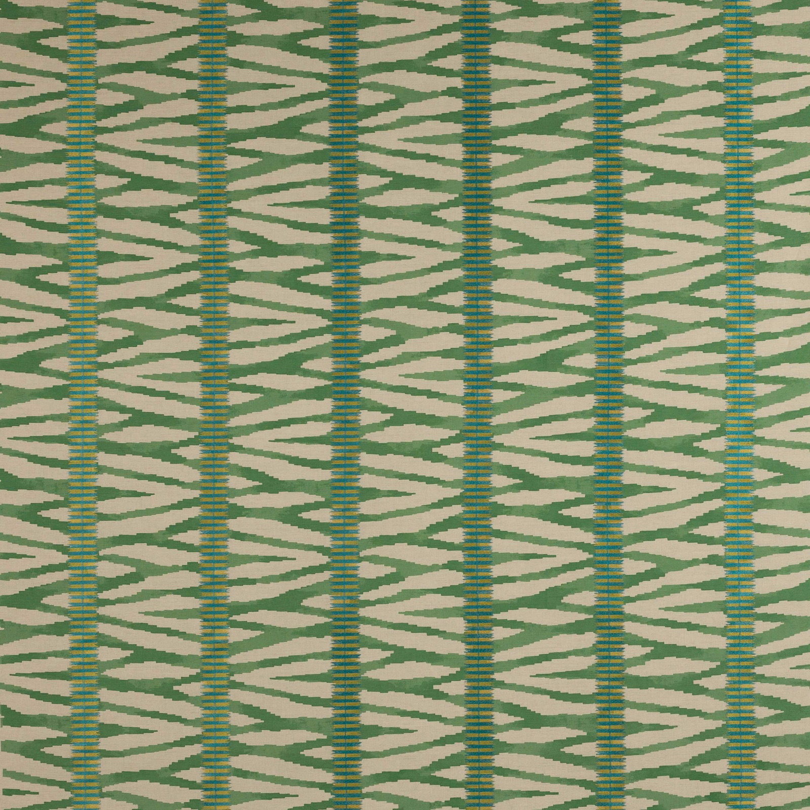 Moss green woven stripe fabric with zigzag bands on a pale ground