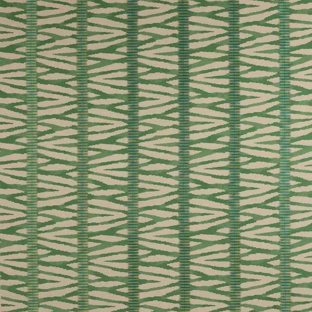 Moss green woven stripe fabric with zigzag bands on a pale ground