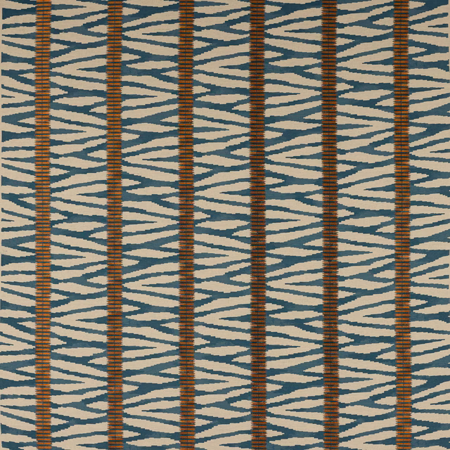 Indigo and rust woven zigzag stripe fabric on a pale ground