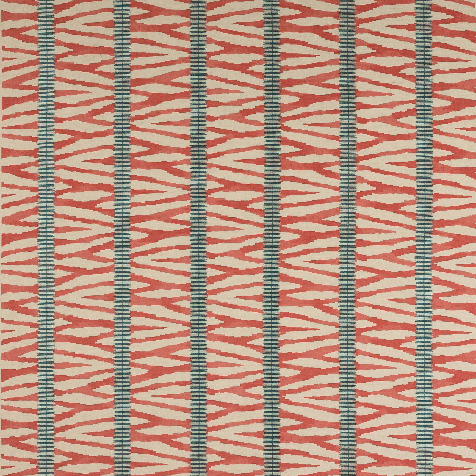 Coral red zigzag stripe fabric with slim teal vertical bands on a pale ground