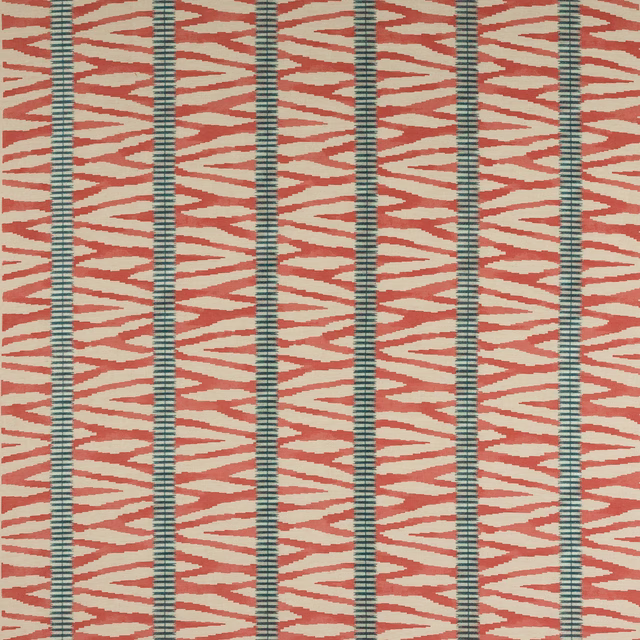 Coral red zigzag stripe fabric with slim teal vertical bands on a pale ground