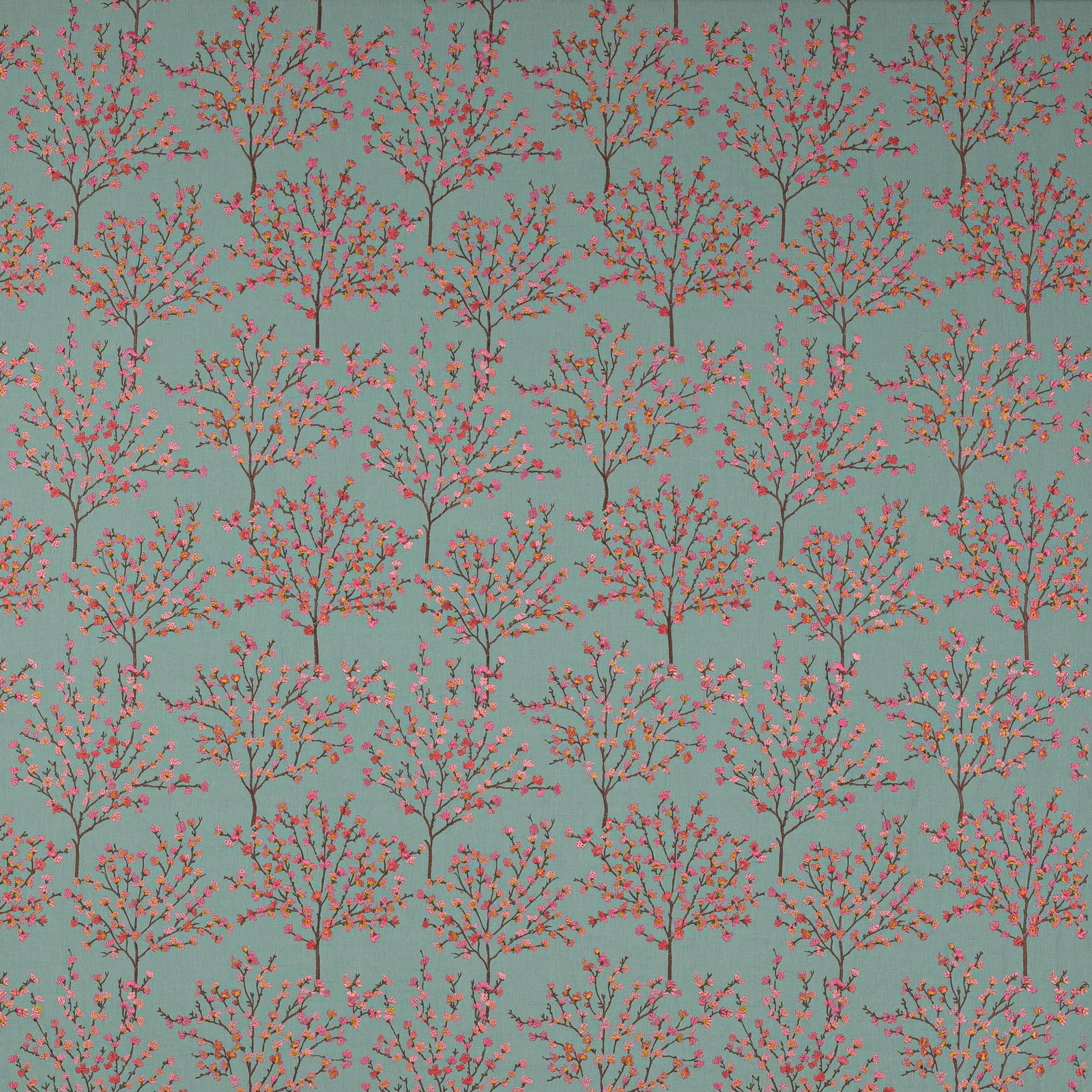 Aqua fabric swatch with scattered pink blossom tree motifs and slender brown branches