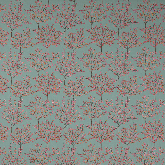Aqua fabric swatch with scattered pink blossom tree motifs and slender brown branches