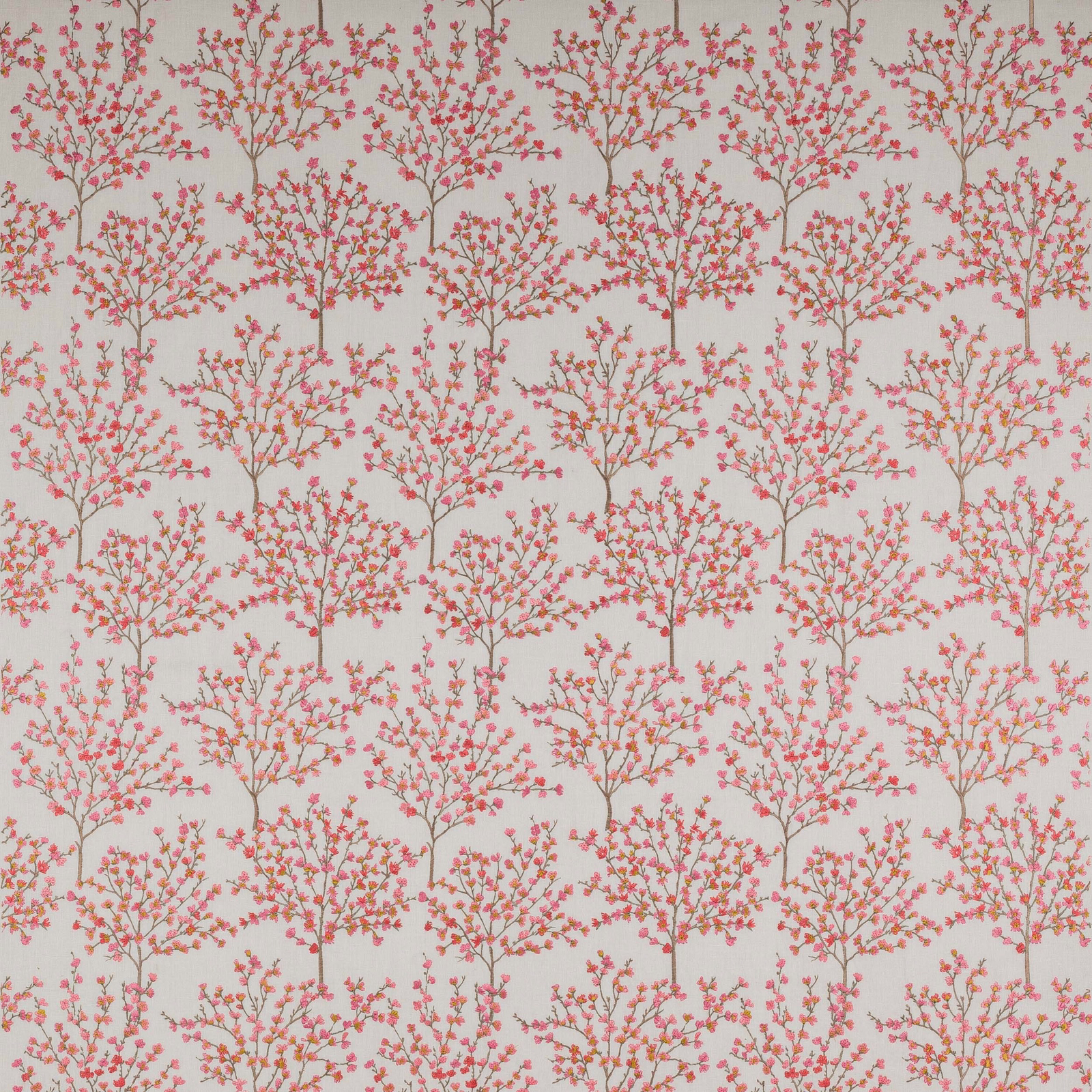 Pink blossom tree motif on a pale ground with delicate branch detailing