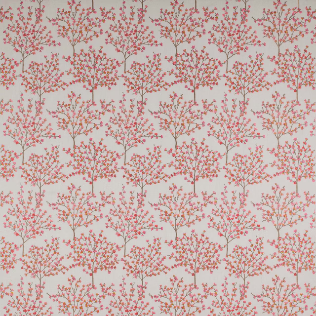 Pink blossom tree motif on a pale ground with delicate branch detailing