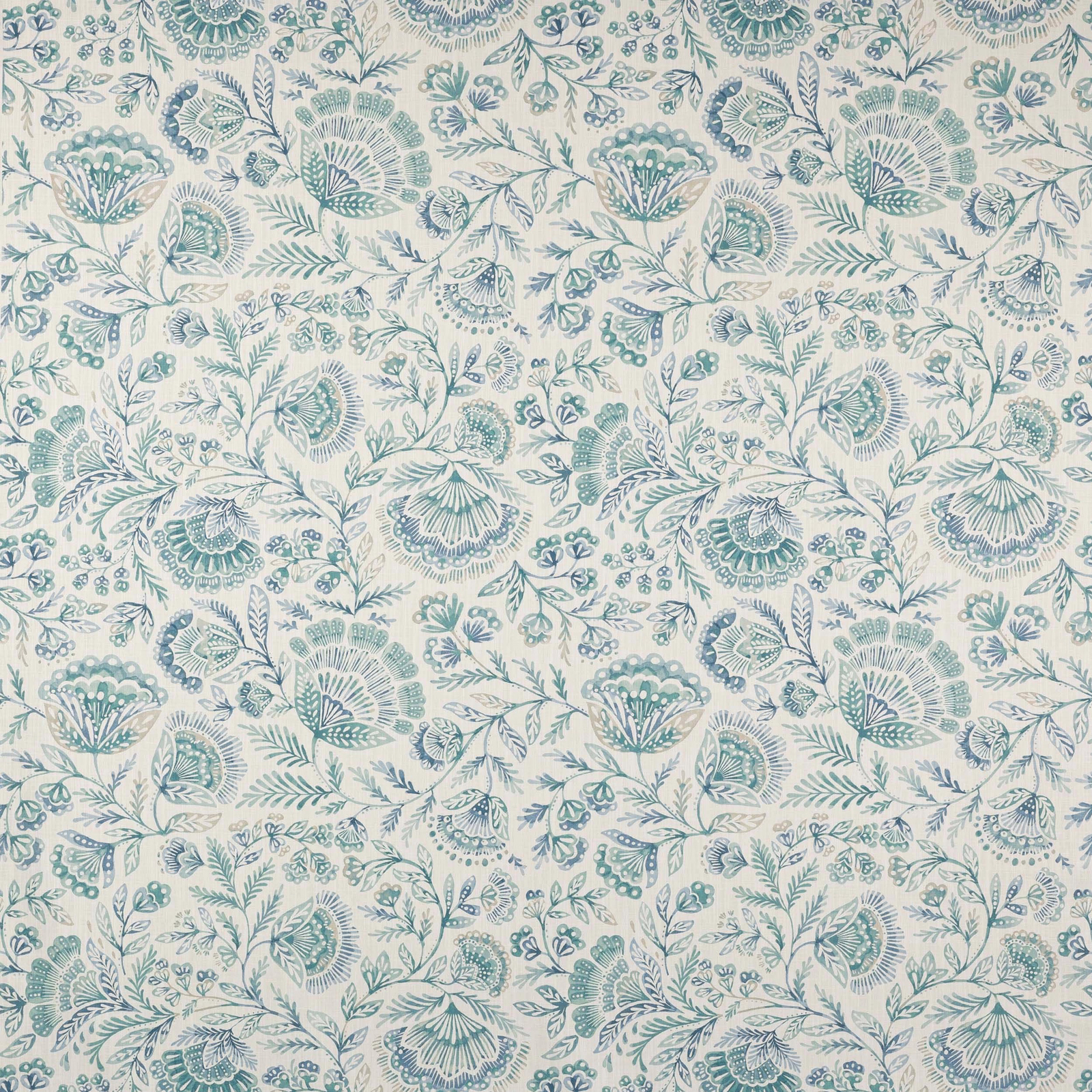 Aqua and teal floral trailing fabric on a pale ground with fine leafy detail