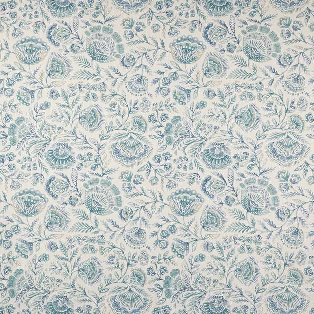 Aqua and teal floral trailing fabric on a pale ground with fine leafy detail