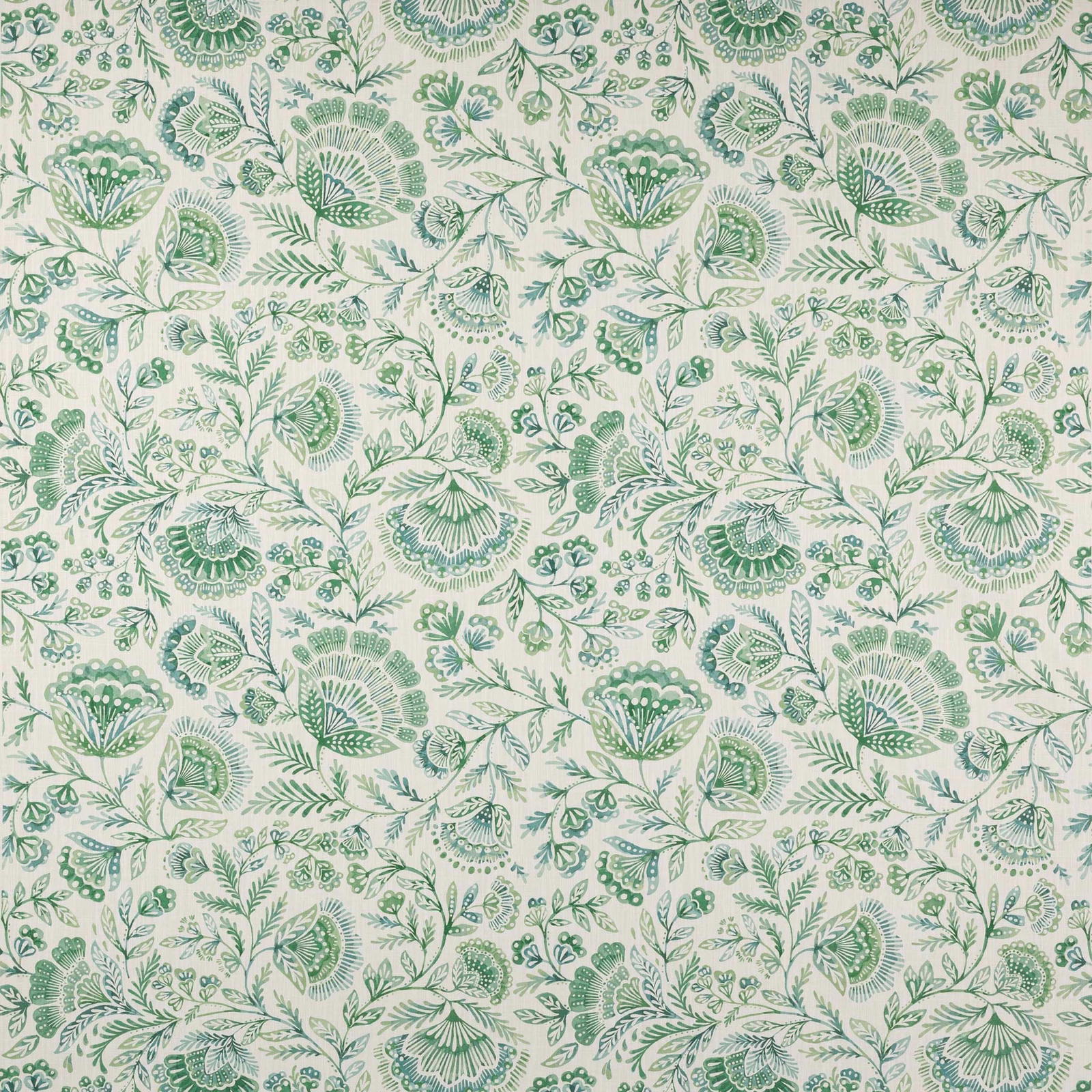 Pale ground fabric with a large sage-green floral and leafy repeating pattern