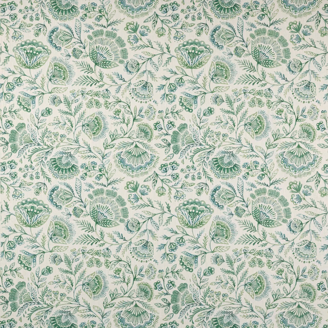 Pale ground fabric with a large sage-green floral and leafy repeating pattern