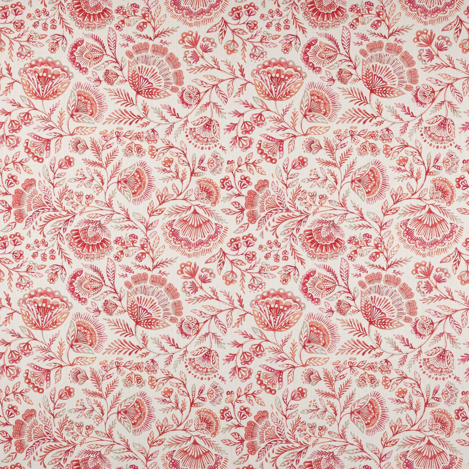 Coral-red floral print on a cream ground with leafy trailing vines