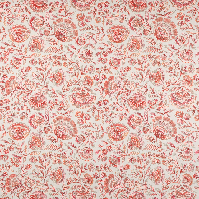 Coral-red floral print on a cream ground with leafy trailing vines