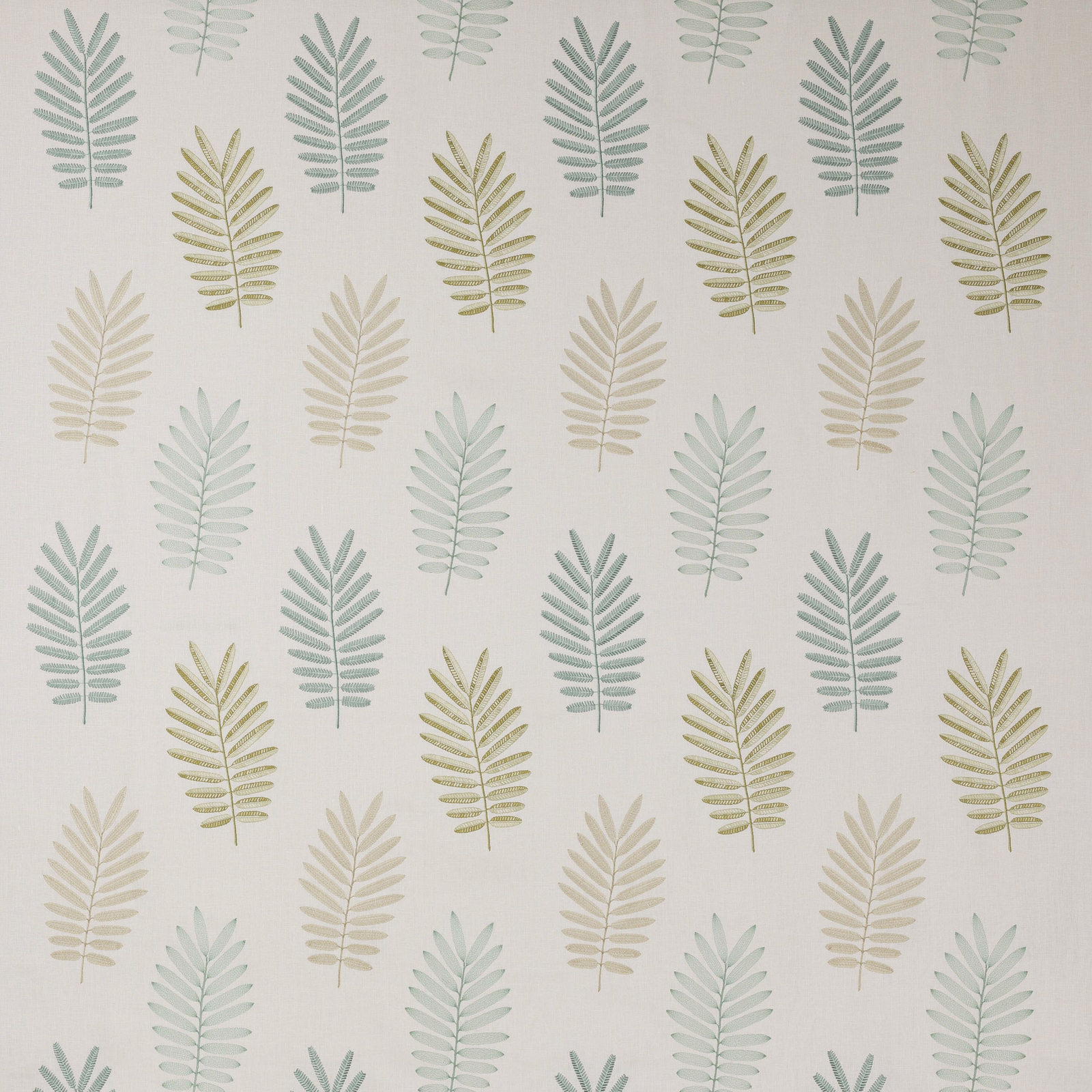 Scattered fern leaf motif in aqua, sage and olive on a pale ivory fabric