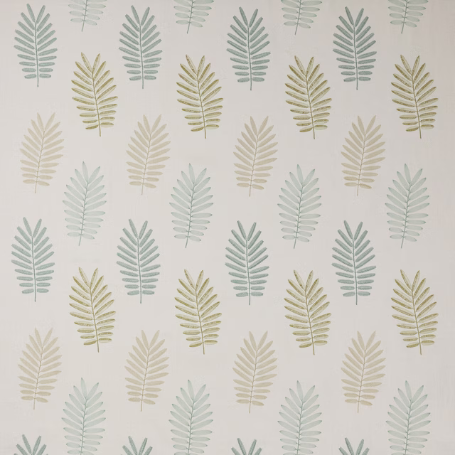 Scattered fern leaf motif in aqua, sage and olive on a pale ivory fabric