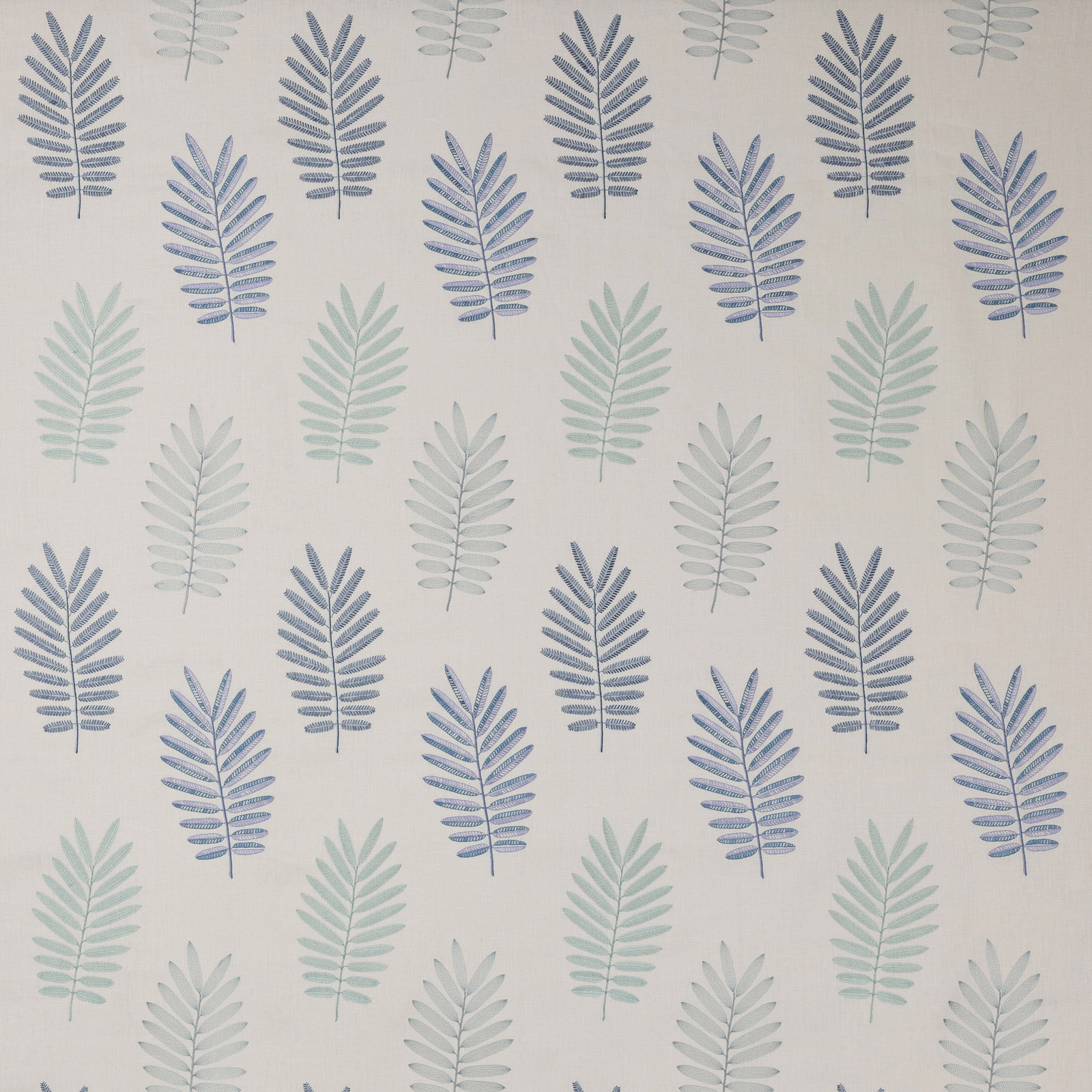 Pale botanical leaf print in soft blue on an ivory ground
